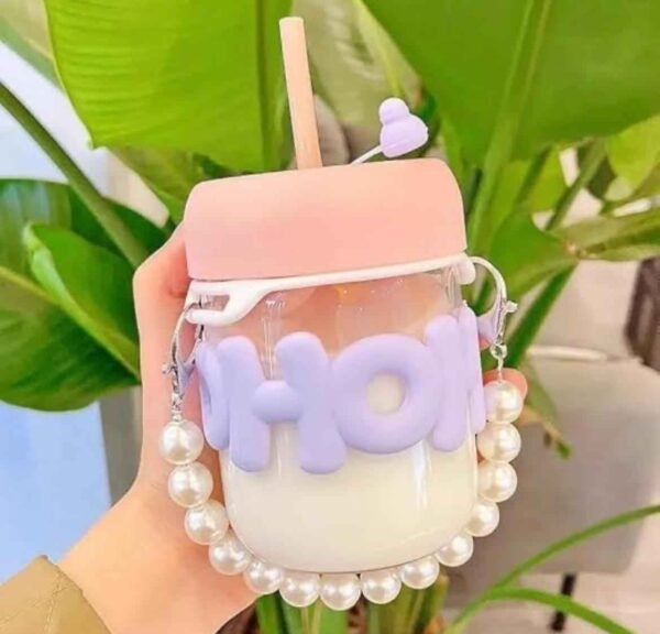 Glass Mug with Pearl Chain Belt and Sleeve, 400ml - Lid & Straw Sipper