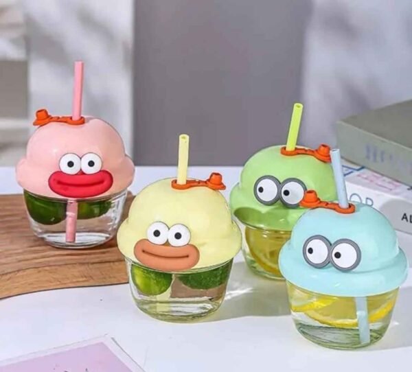 Cartoon Print Glass Tumbler with Straw - Portable Milk Cup Sipper